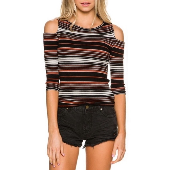 Free People Striped Off-Shoulder Top - Black, White, Orange - Picture 1 of 7